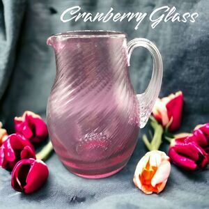 Vtg Hand Blown Cranberry Glass Creamer Ribbed Swirl Applied Handle 5" Small